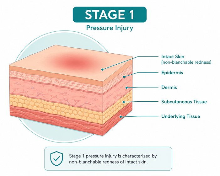Stage 1 wound showing non-blanchable redness